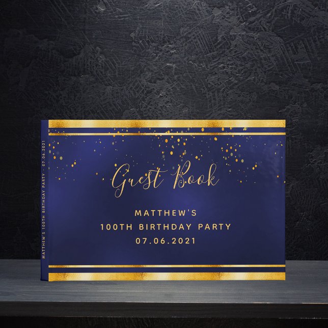 100th Birthday Party dark blue gold confetti Guest Book (Creator Uploaded)