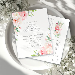 100th Birthday Party Feminine Pink Floral Invitation Postcard