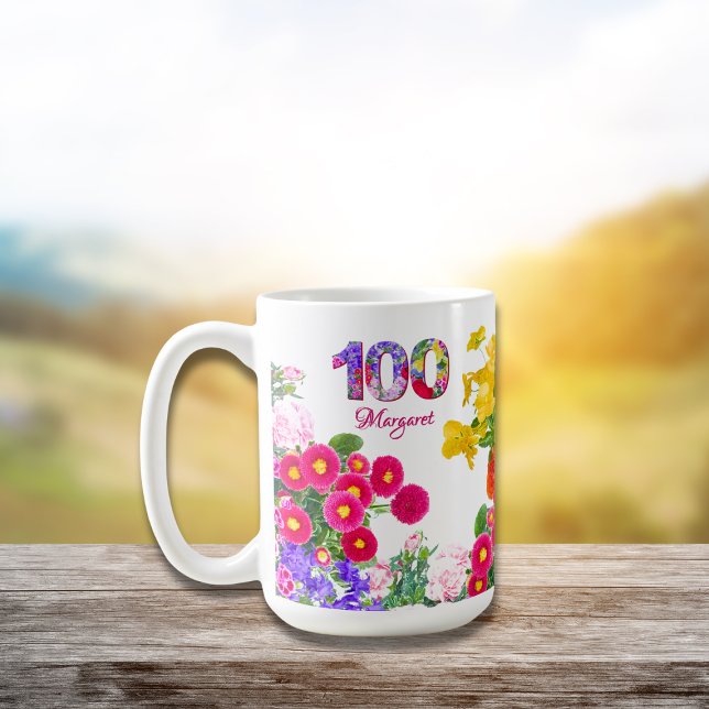 100th Birthday Party Floral Flowers Modern 100 Coffee Mug (Creator Uploaded)