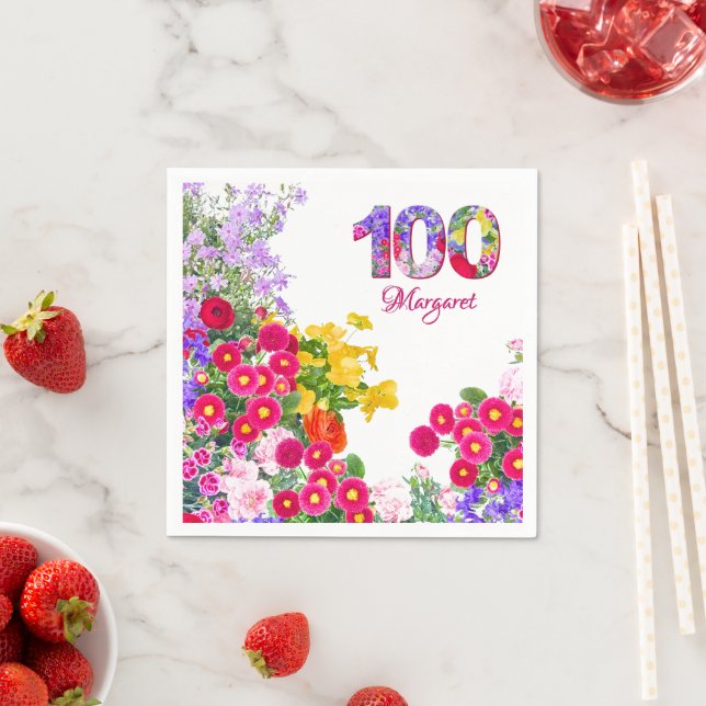 100th Birthday Party Floral Flowers Modern 100 Napkin (Insitu)