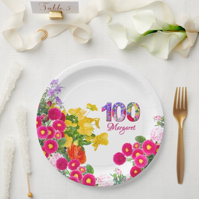 100th Birthday Party Floral Flowers Modern 100 Paper Plate (Wedding)