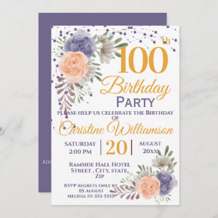 100th Birthday Party Floral Peony Purple Invitation