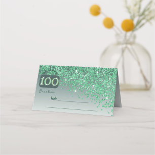 100th Birthday Party Glam Green Glitter Place Card