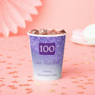 100th Birthday Party Gleaming Purple Glitter Paper Cups
