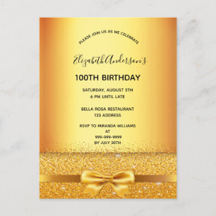 100th birthday party gold metallic invitation postcard