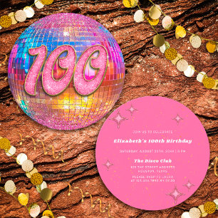 100th Birthday Party Gold Pink Glitter Disco Ball Invitation