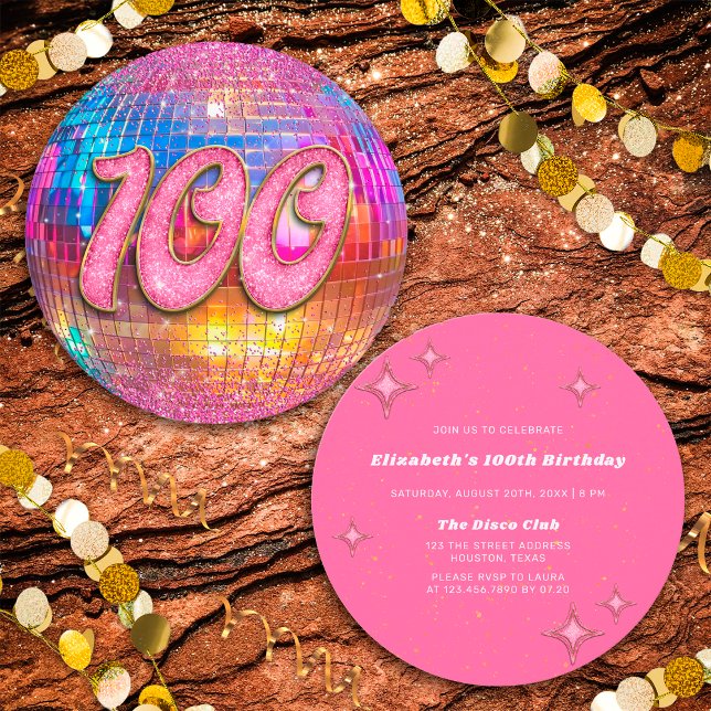 100th Birthday Party Gold Pink Glitter Disco Ball Invitation (Front/Back)