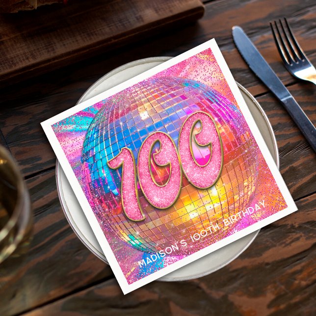 100th Birthday Party Gold Pink Glitter Disco Ball Napkin (Creator Uploaded)