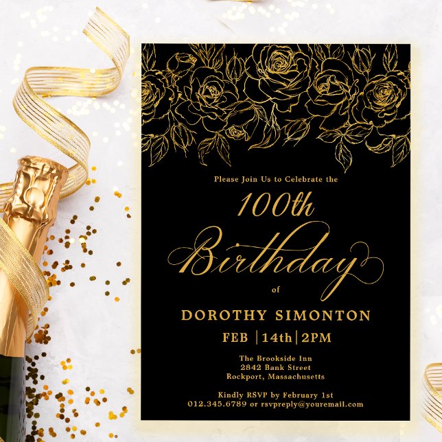 100th Birthday Party Gold Rose Floral Black Invitation (Creator Uploaded)