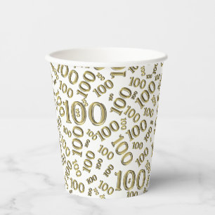 100th Birthday Party Gold/White Random Pattern 100 Paper Cups
