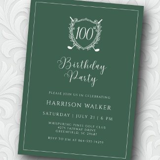 100th Birthday Party Golf Crest Elegant Script Invitation