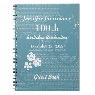 100th Birthday Party Guest Book Blue, White Floral
