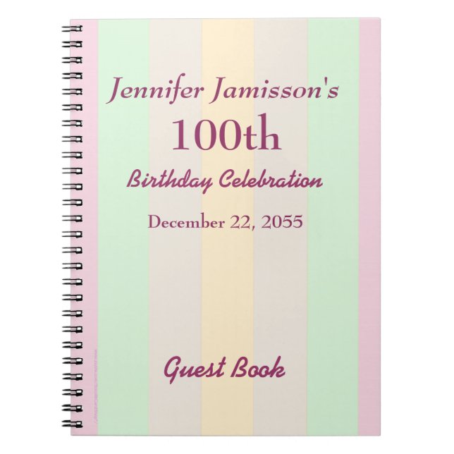 100th Birthday Party Guest Book Pastel Stripe (Front)