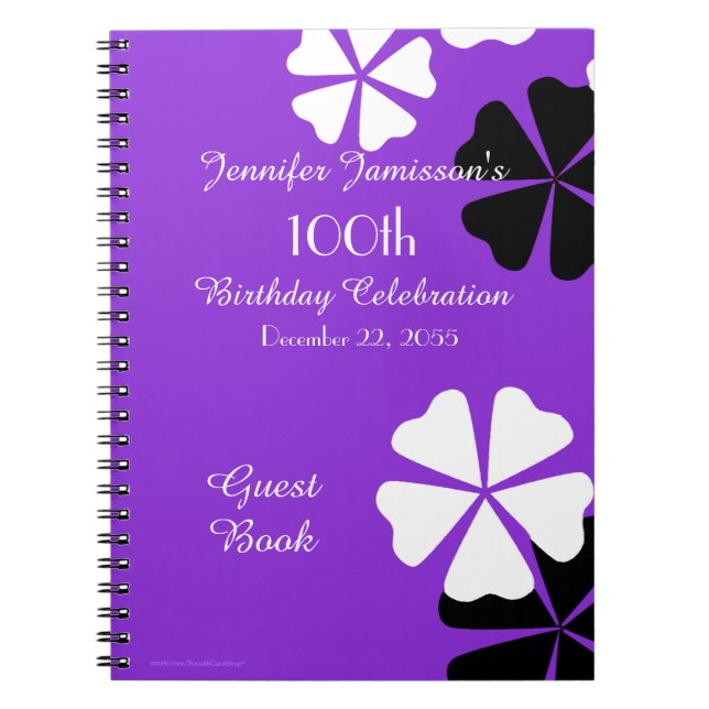 100th Birthday Party Guest Book Purple Floral (Front)