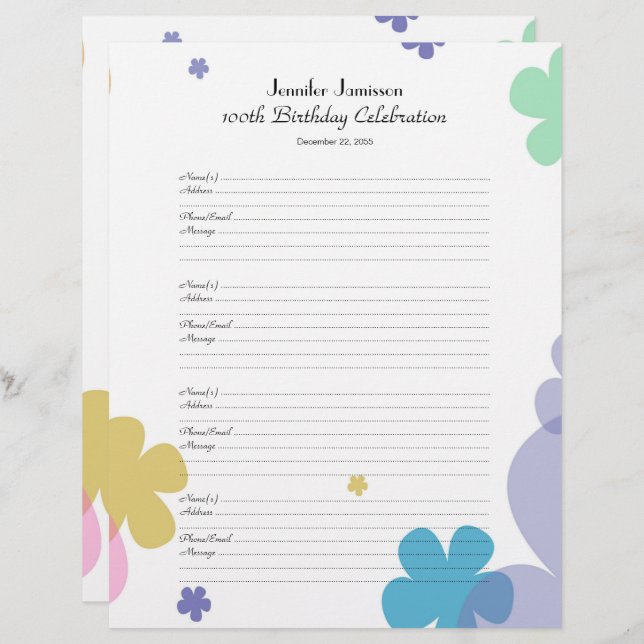 100th Birthday Party Guest Book Sign-In Page (Front/Back)