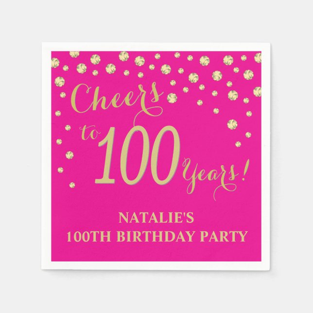 100th Birthday Party Hot Pink and Gold Diamond Napkin (Front)