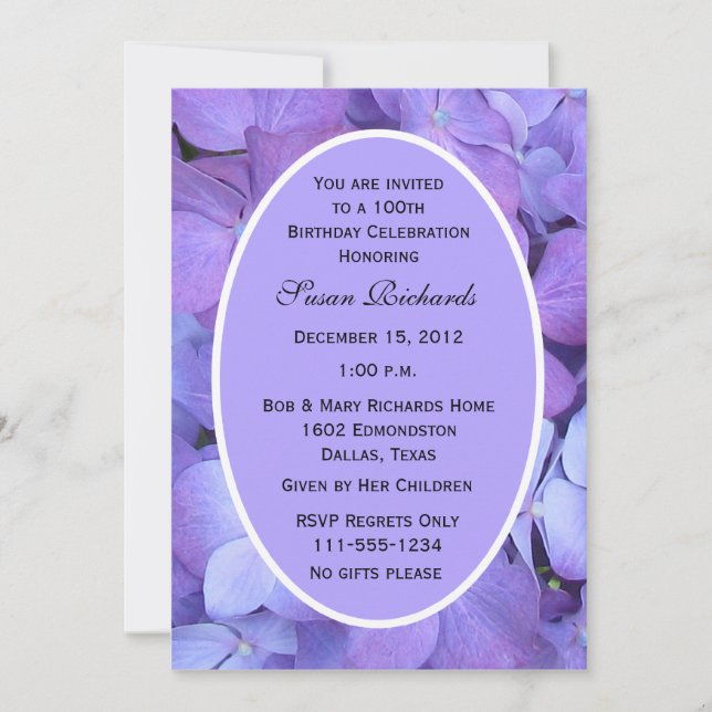 100th Birthday Party Invitation Hydrangeas (Front)