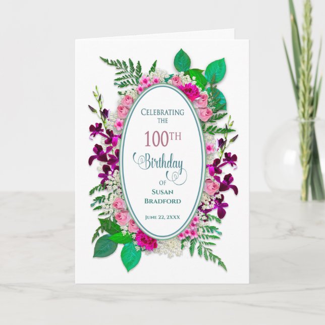 100th Birthday Party Invitation, Oval with Flowers Card (Front)