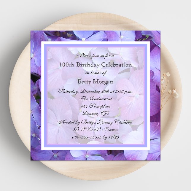 100th Birthday Party Invitation Purple Hydrangeas (Creator Uploaded)