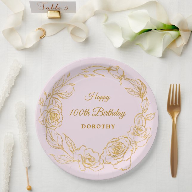 100th Birthday Party Luxe Gold Rose Floral Pink Paper Plate (Wedding)