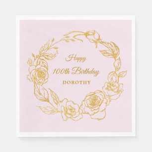 100th Birthday Party Luxe Gold Rose Pink Cocktail Napkin