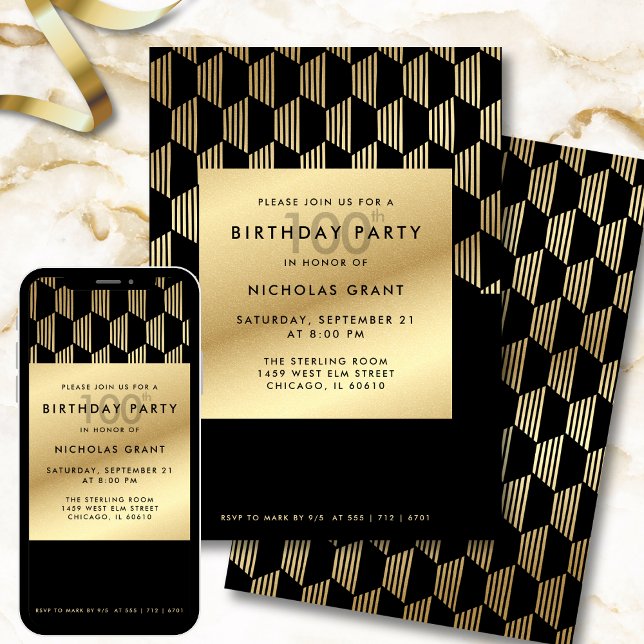 100th Birthday Party Modern Black and Gold Foil Invitation (Creator Uploaded)