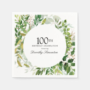 100th Birthday Party Modern Green Botanical Napkin