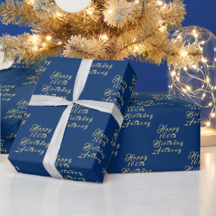 100th Birthday Party Name Navy Blue Modern Pattern Wrapping Paper