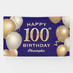 100th Birthday Party Navy Blue and Gold Balloons Banner