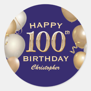 100th Birthday Party Navy Blue and Gold Balloons Classic Round Sticker