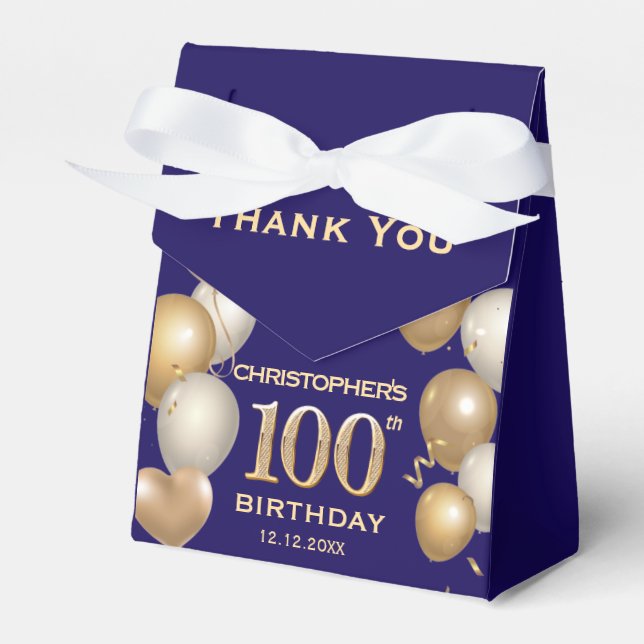 100th Birthday Party Navy Blue and Gold Balloons Favour Box (Front Side)
