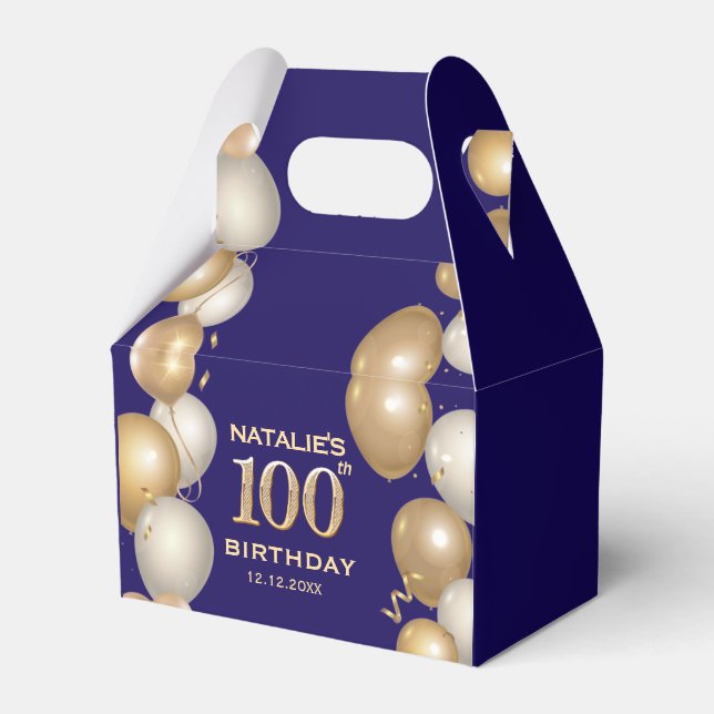 100th Birthday Party Navy Blue and Gold Balloons Favour Box (Front Side)