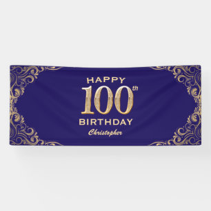 100th Birthday Party Navy Blue and Gold Glitter Banner
