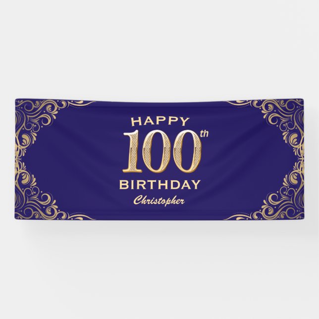 100th Birthday Party Navy Blue and Gold Glitter Banner (Horizontal)