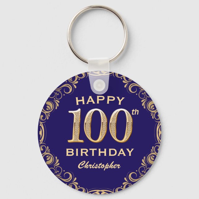 100th Birthday Party Navy Blue and Gold Glitter Key Ring (Front)