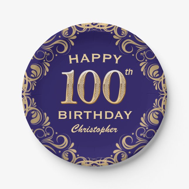 100th Birthday Party Navy Blue and Gold Glitter Paper Plate (Front)