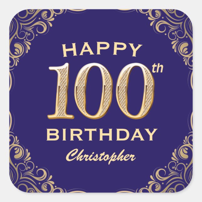 100th Birthday Party Navy Blue and Gold Glitter Square Sticker (Front)
