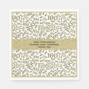 100th Birthday Party Number Pattern Gold and White Napkin