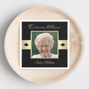 100th Birthday Party Photo on Black Paper Napkin