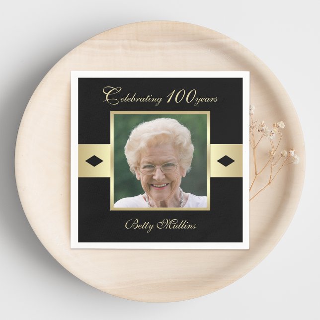 100th Birthday Party Photo on Black Paper Napkin (Creator Uploaded)