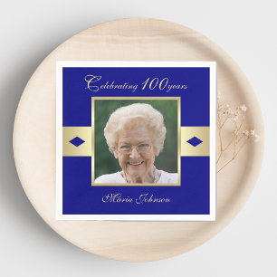 100th Birthday Party Photo on Navy Blue Paper Napkin