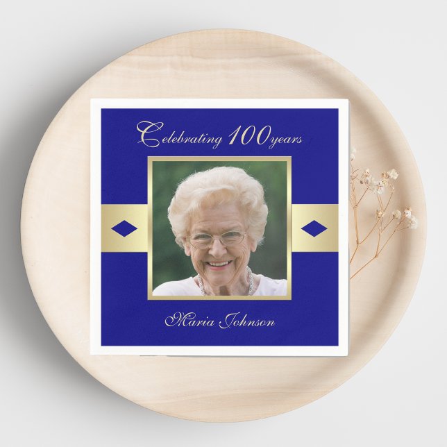 100th Birthday Party Photo on Navy Blue Paper Napkin (Creator Uploaded)