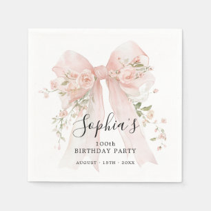 100th Birthday Party Pink Bow with Roses Cocktail Napkin