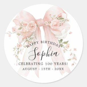 100th Birthday Party Pink Bow with Roses Luncheon Classic Round Sticker