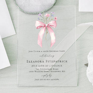 100th Birthday Party Pink Coquette Bow Wildflower Acrylic Invitations