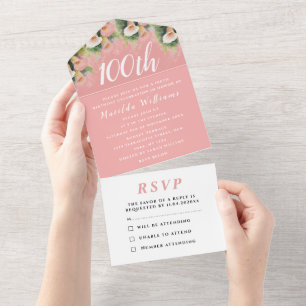 100th Birthday Party Pink Elegant Floral All In One Invitation