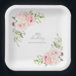 100th Birthday Party Pink Floral Custom Paper Plate<br><div class="desc">A beautiful and feminine custom paper plate to celebrate a 100th birthday in elegant style. This floral design is bordered with a frame of charming pink peonies and greenery.</div>