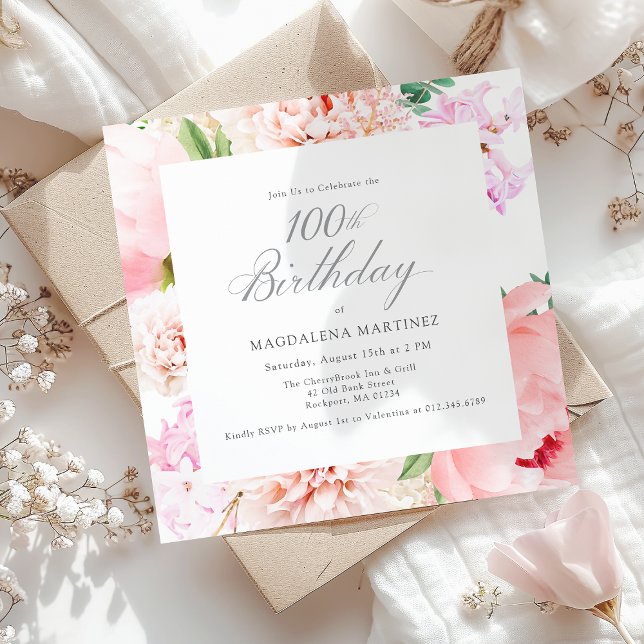 100th Birthday Party Pink Peony Floral Square Invitation (Creator Uploaded)