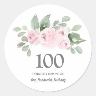 100th Birthday Party Pink Rose Eucalyptus Classic Round Sticker