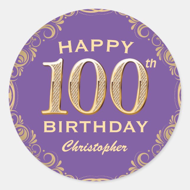 100th Birthday Party Purple and Gold Glitter Frame Classic Round Sticker (Front)